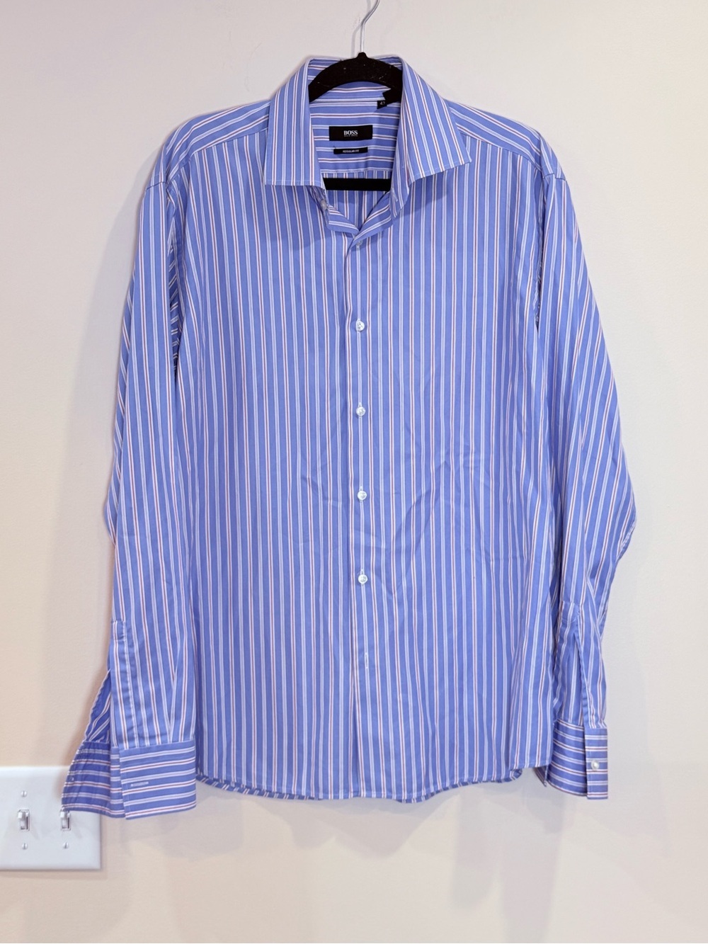 🔥BOSS Men’s Light Blue and White Striped Dress Shirt Size 17 EC🔥